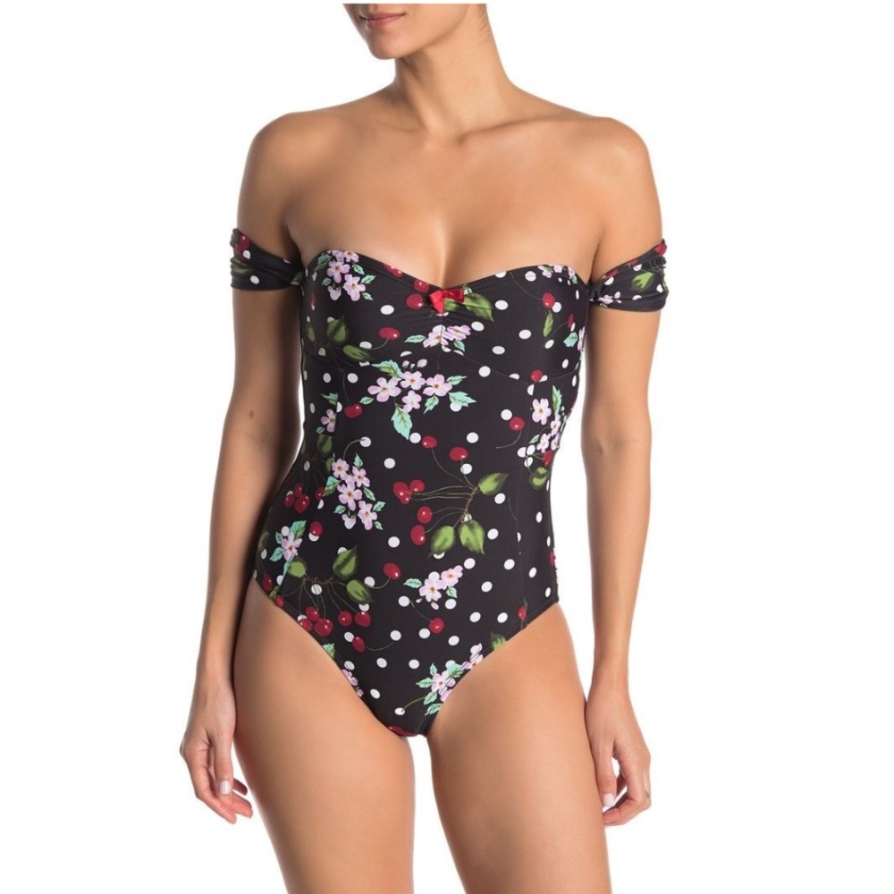 Betsey Johnson Black Cherry Bomb One Piece Swimsuit